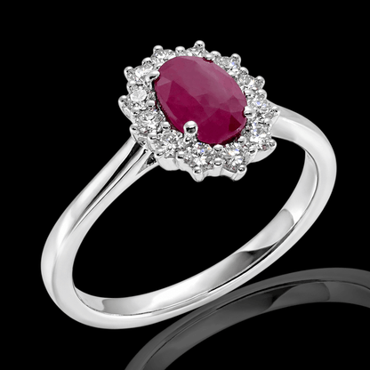 Balto aukso žiedas su deimantais ir rubinu