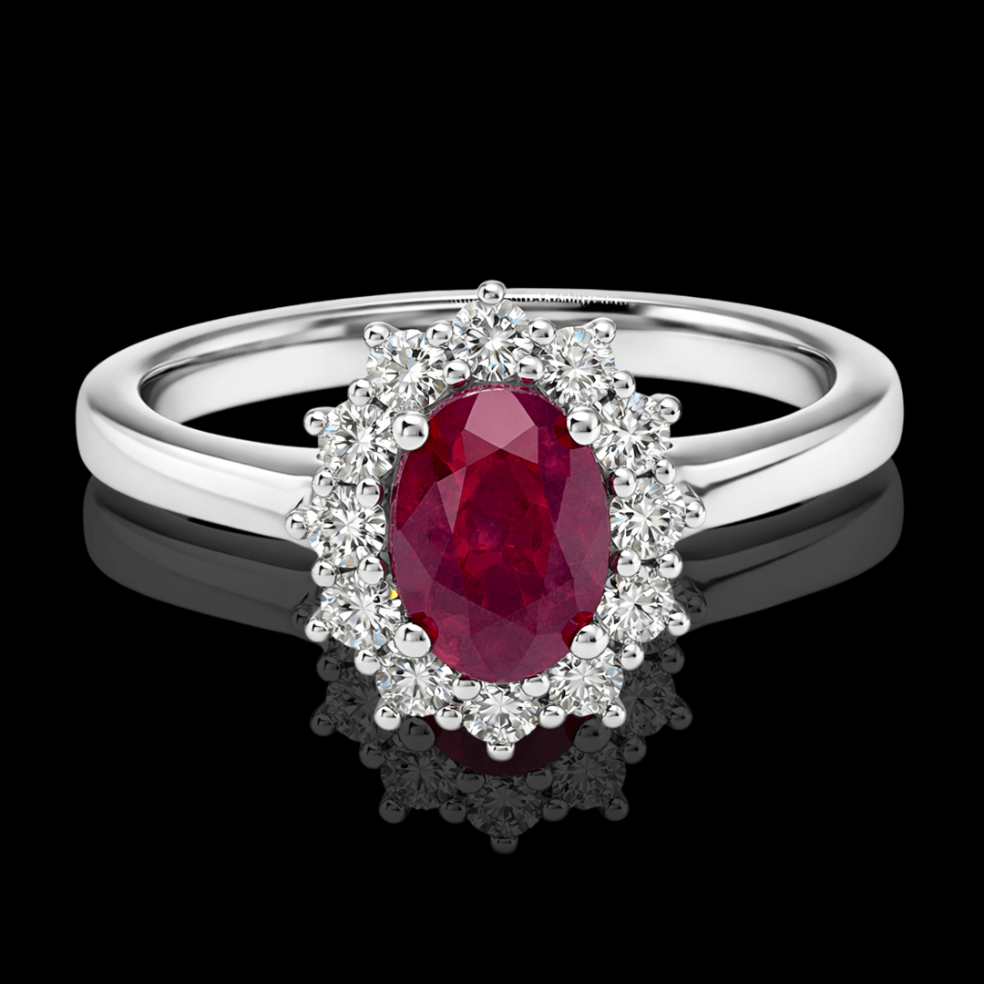 Balto aukso žiedas su deimantais ir rubinu