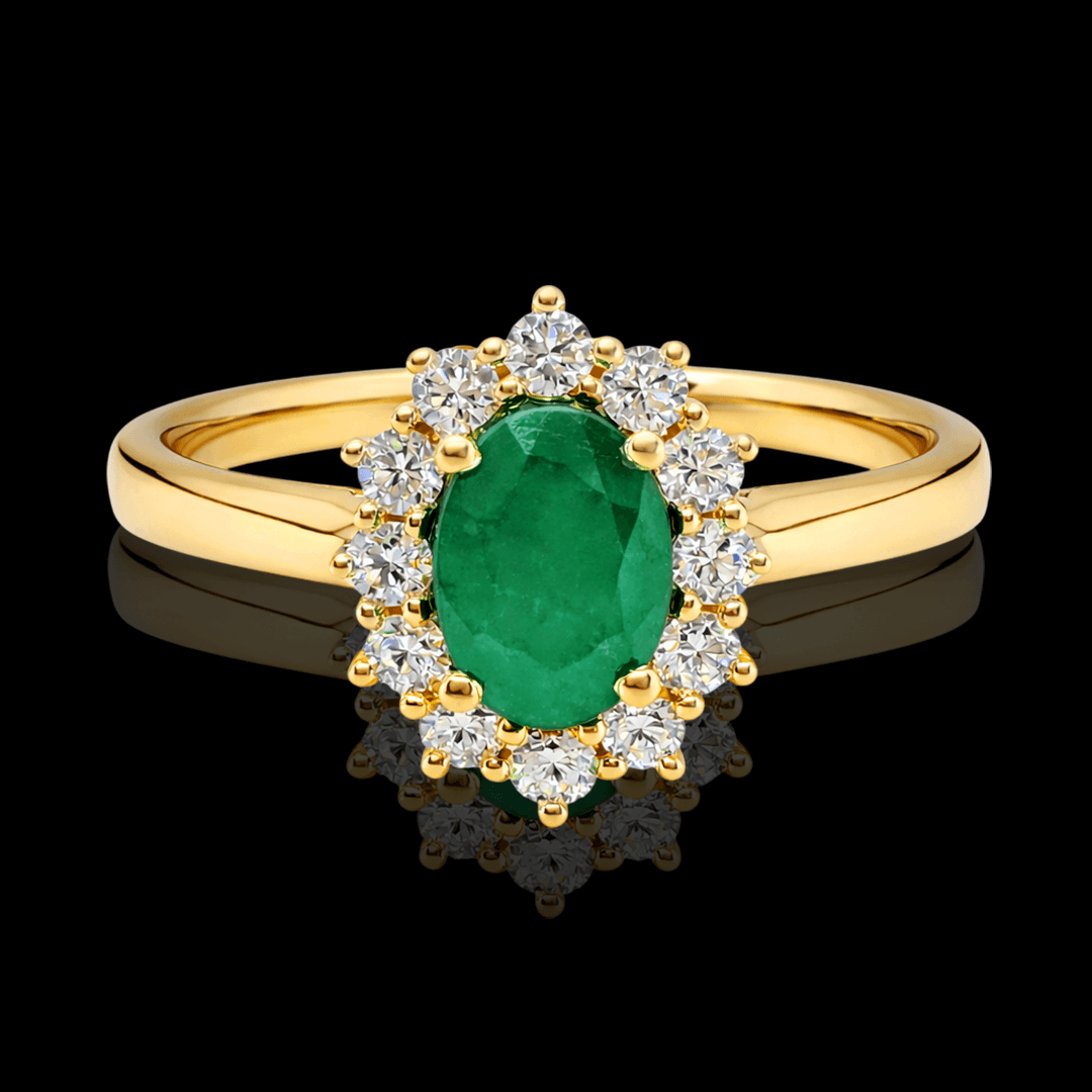 Geltono aukso žiedas su deimantais ir smaragdu