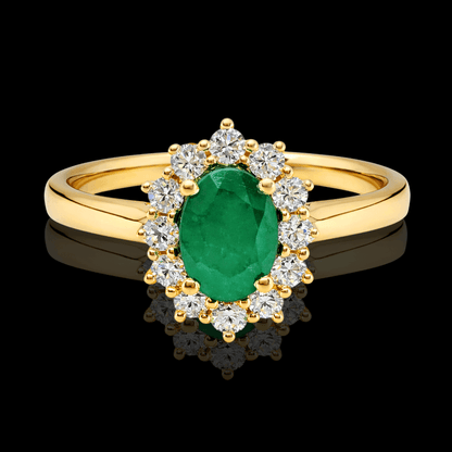Geltono aukso žiedas su deimantais ir smaragdu
