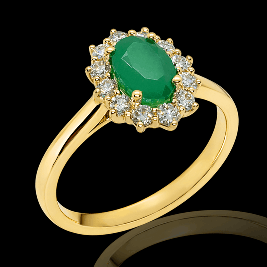 Geltono aukso žiedas su deimantais ir smaragdu