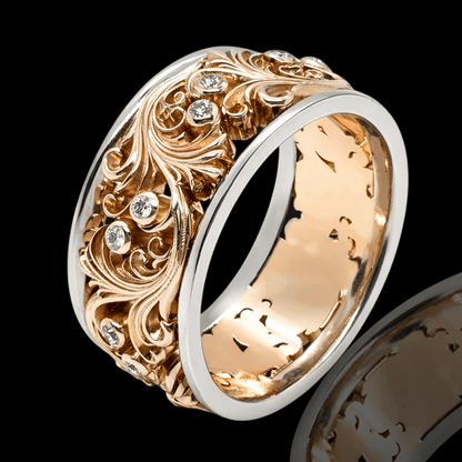 Raudono aukso ornamentinis žiedas su deimantais - 16.5