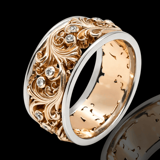 Raudono aukso ornamentinis žiedas su deimantais - 16.5