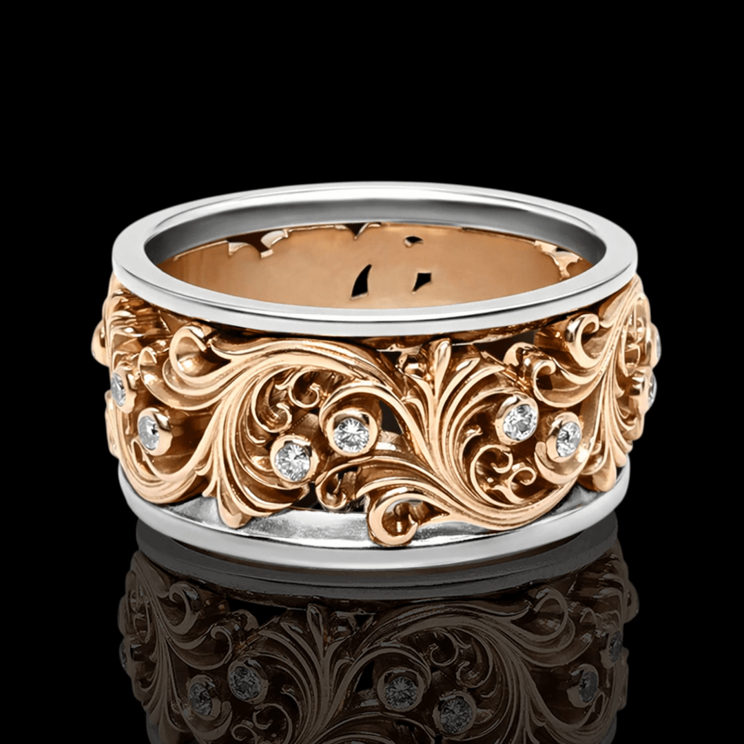 Raudono aukso ornamentinis žiedas su deimantais - 16.5