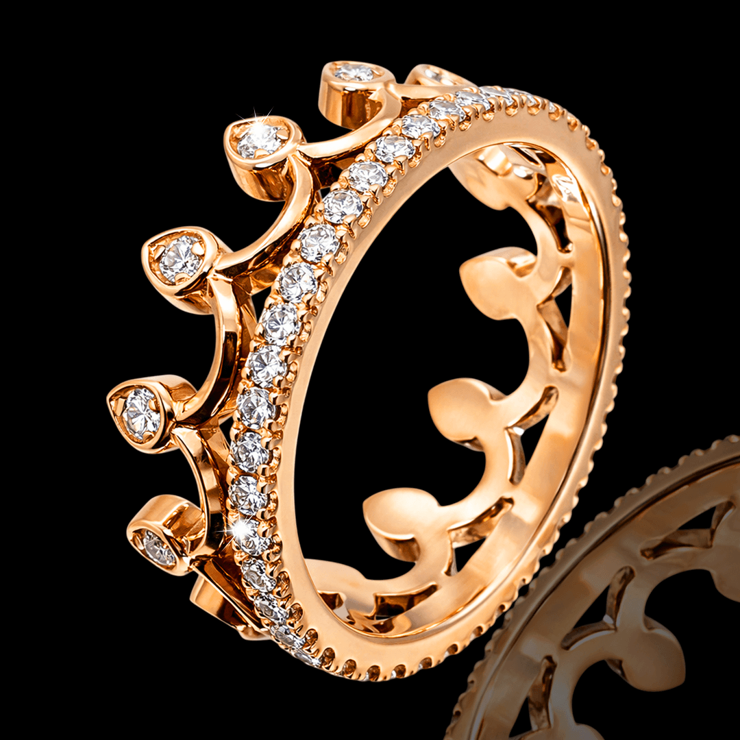 Raudono aukso žiedas karūna su briliantais