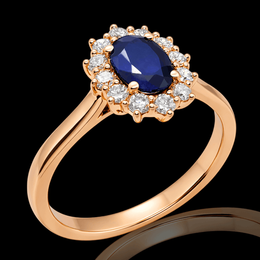 Raudono aukso žiedas su deimantais ir safyru